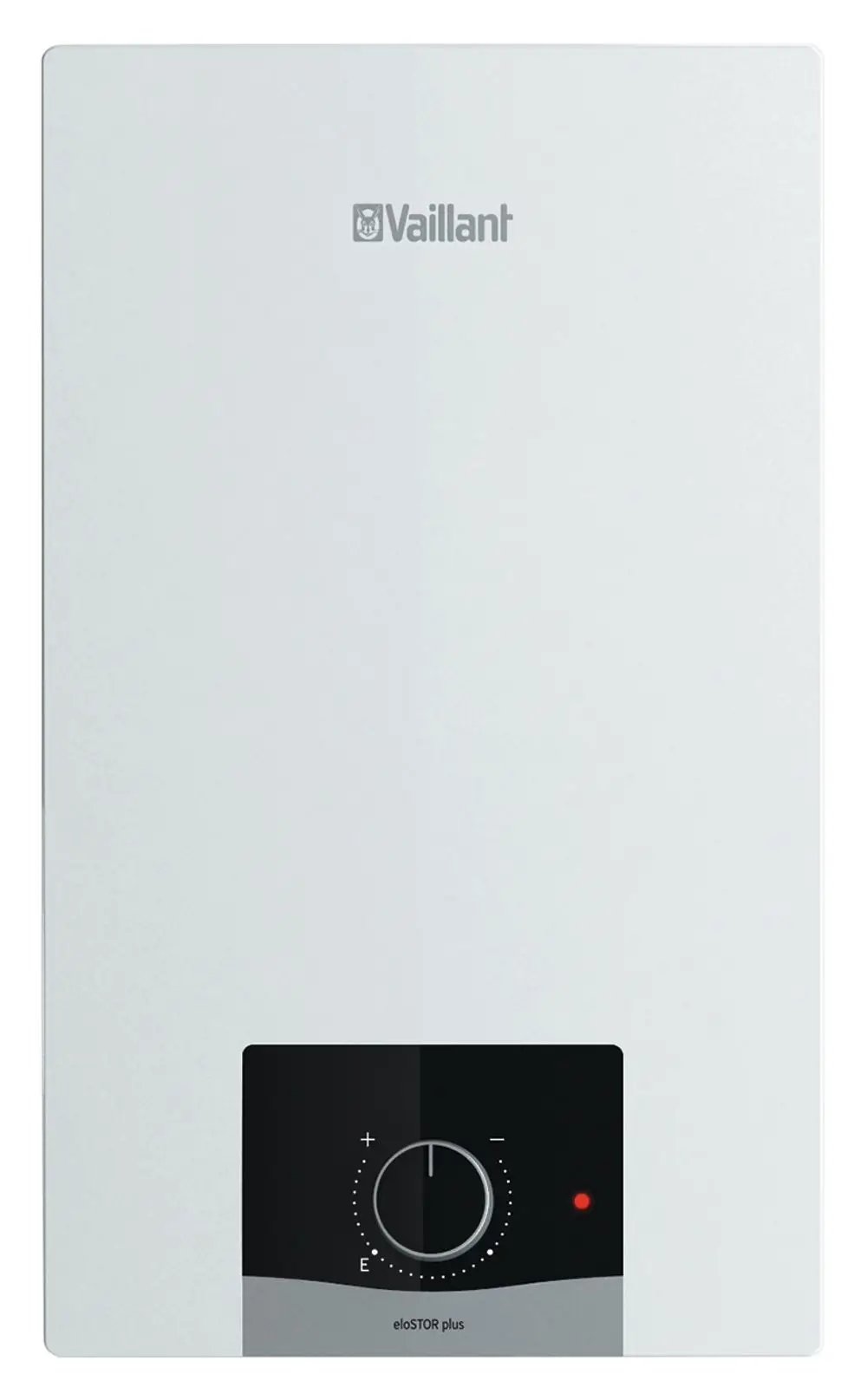 Vaillant Elektro-Speicher in Weiß mit einem runden Regelknopf und einer roten Anzeigeleuchte. Das Gerät ist für die Wandmontage konzipiert.